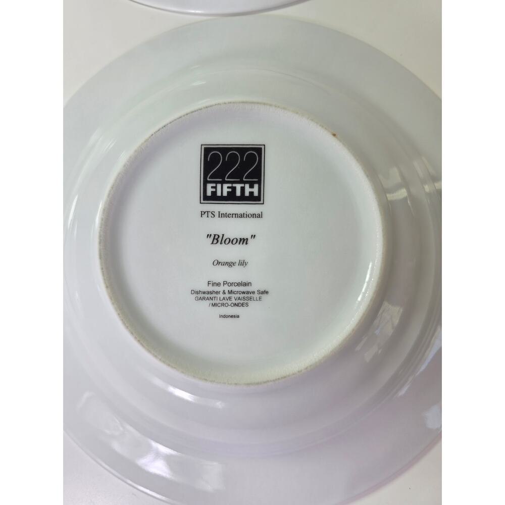 222 FIFTH White Floral BLOOM Green Lip Large Rim Soup Bowls Set of 4 - Picture 8 of 9